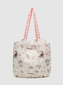 Floral Cat Print Cute Girl's Shoulder Bag, Niche Design, Commute, Outing, Daily Shopping, Bow Decor, Large Capacity Underarm Tote Bag For College Students - White - View 4