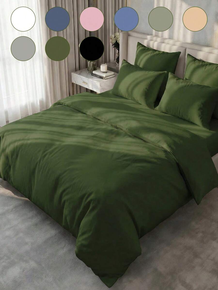 2/3pcs Solid Color Duvet Cover Set, Soft & Skin-Friendly Bedding, Anti-Pilling Simple Bedding Set. Suitable For Single And Double Beds. All Season Use. Home Textile, Bedding Gift Set, Machine Washable, Ideal Holiday Gift. Colors: White And Dark Green. Spring/Summer New Arrival. - Dark Green - View 1