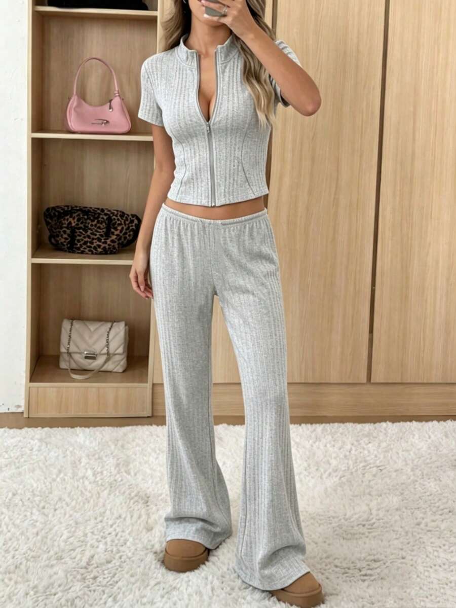 Conjunto de chaqueta y pantalones ajustados de mujer, traje informal - Gris - Ver 1