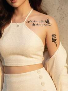 2pcsStickers, Dark Simple Black Rose And Butterfly With English Quotes Text, Temporary Tattoo Stickers, For Arms, Abdomen Non-Reflective, Realistic Tattoo, Suitable For People, Daily Use, Lasts3-5Days,Sketch Style - Multicolor - View 3