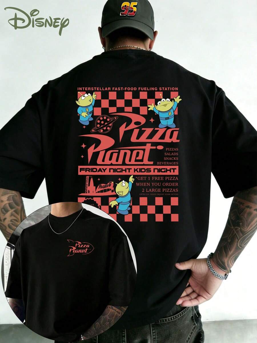 [Licensed By Disney] Toy Story Pizza Planet Tri-Eyed Cartoon Pattern Double-Sided Printed T-Shirt, "Pizza Planet" Tri-Eyed Retro Fast Food Pattern Summer T-Shirt For Men, High-Quality Short-Sleeve T-Shirt Made Of 100% Cotton, For Men And Women, Soft And Breathable, Disneyland Travel Wear, Toy Story Fan Clothing, The Best Gift - 黑色 - 查看 1