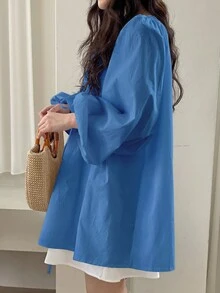 YIU 女款時尚藍色收腰上衣，主教袖設計，綁帶細節，長袖無彈力梭織布料 - 藍色 - 查看 5