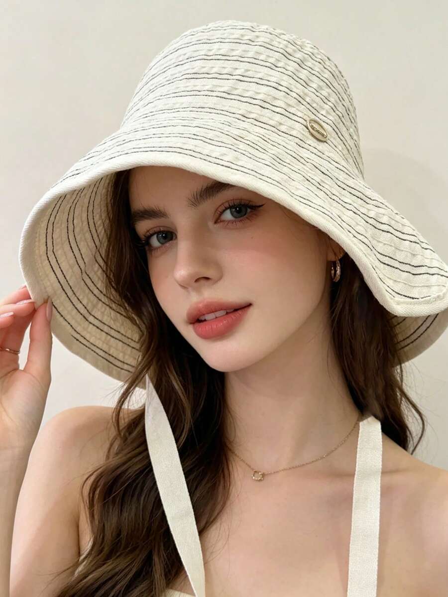 1pc Women's Sun Protection Striped Bucket Hat With Tied, Large Brim Sun Hat With Windproof Rope,Travel Beach Seaside Vacation Play Daily Use - Multicolor - View 1