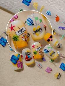 Adesivo de unhas em relevo 3D com elementos temáticos de praia tropical - maiô, âncora, palmeira, sol, veleiro, coquetel, chinelos e a frase "VERÃO/Noites de Verão". Cores vibrantes e alegres com efeito glitter, perfeitas para férias na praia, festas de verão, looks tropicais, unhas decoradas para meninas, estudantes, mães, iniciantes em nail art e amantes do verão. - Multicolorido - Ver 1