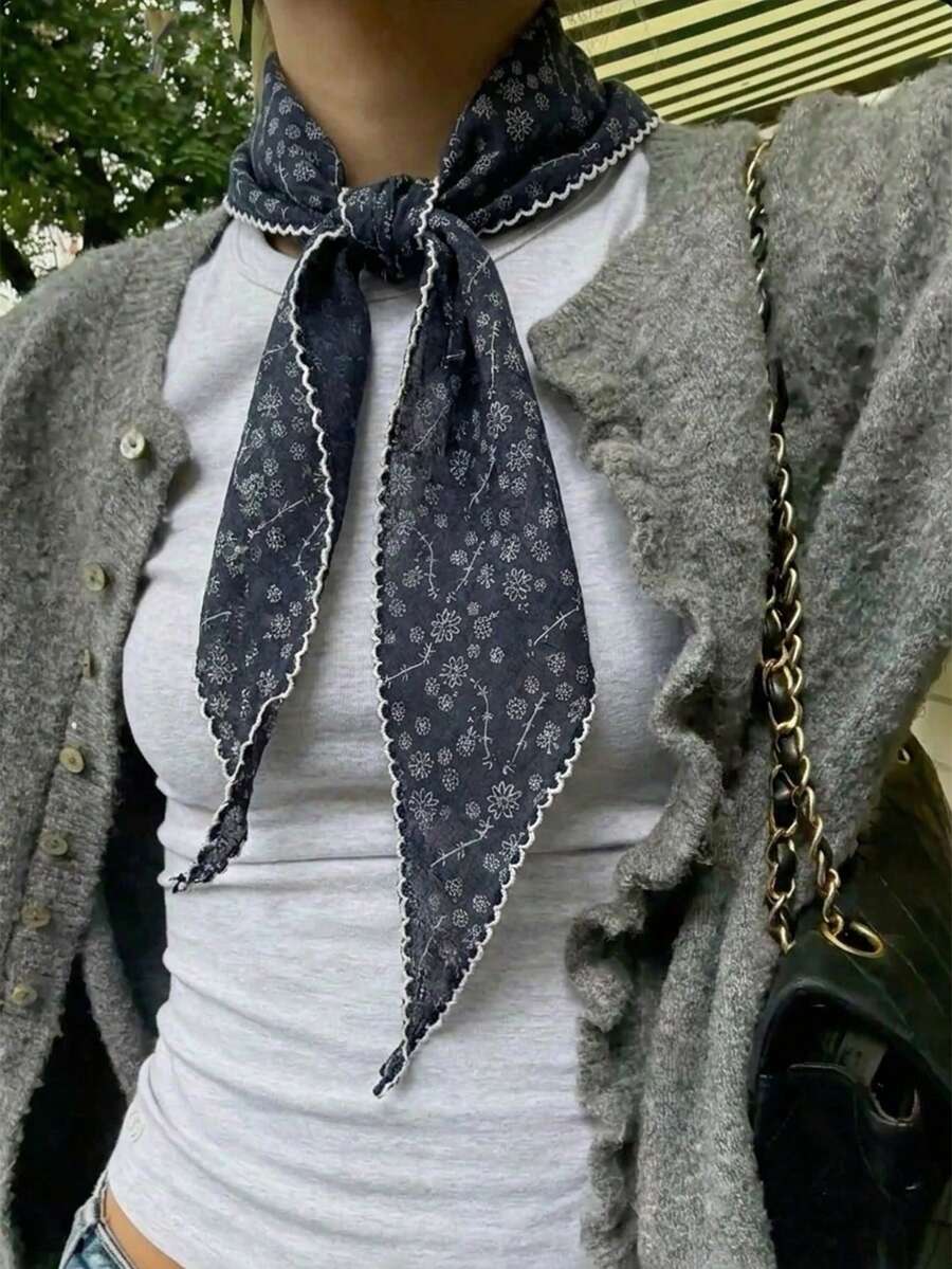 1PC Triangular Scarf Neckwarmer For Women Summer Floral Print Headband Fashionable Multifunctional Head Wrap Spring Style - Navy - View 1