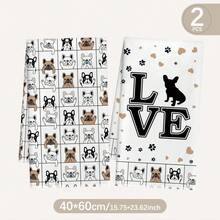 MEMNUN 2 chiếc khăn lau bếp in hình chú chó Bulldog Pháp hoạt hình, chữ "Love", kích thước 15.75*23.62in (40*60cm), chất liệu polyester siêu mềm, họa tiết dấu chân và trái tim, thích hợp trang trí nhà bếp, nhà hàng, dùng được quanh năm. - Nhiều màu - Xem 2