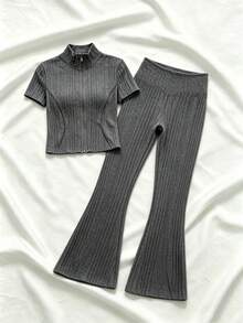 Conjunto casual de mujer de unicolor con top de manga corta minimalista y pantalones acampanados, ropa casual de negocios para mujer en otoño - Gris Oscuro - Ver 2