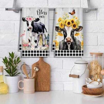 1/2/100 pezzi Set di asciugamani da cucina, con motivi a pelle di mucca bianco e nero e a fiori blu e bianco in stile porcellana, super assorbenti e morbidi panni per la pulizia, strofinacci da tè, asciugamani da mano, panni per i piatti, dimensione 40*60cm. Regalo ideale per famiglia, amici, madri, decorazione della cucina, decorazione della camera degli ospiti, articoli essenziali per la cucina, necessità domestiche.