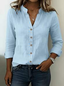 Camisa casual holgada de manga larga con cuello en V y botones, unicolor, estilo vintage francés para mujer, top casual para todas las estaciones - azul claro - Ver 3