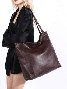 Large Capacity Tote Bag, Retro Faux Leather Handbag With Front Pocket, Suitable For Work And Travel - Coffee Brown - View 7