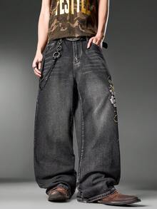 Pantalones vaqueros negros bordados para hombres de American Street, pantalones anchos y sueltos cómodos, uso casual para todas las estaciones (cinturón y accesorios no incluidos) - Negro - Ver 6