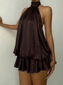 Elegant Women's Mini Dress With Halter Neck And Bow In Light Yellow - 全穀類咖啡 - 查看 3