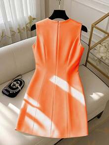 Vestido mini elegante sin mangas con cuello redondo, lazo en la cintura y lazada para mujer - Naranja - Ver 2