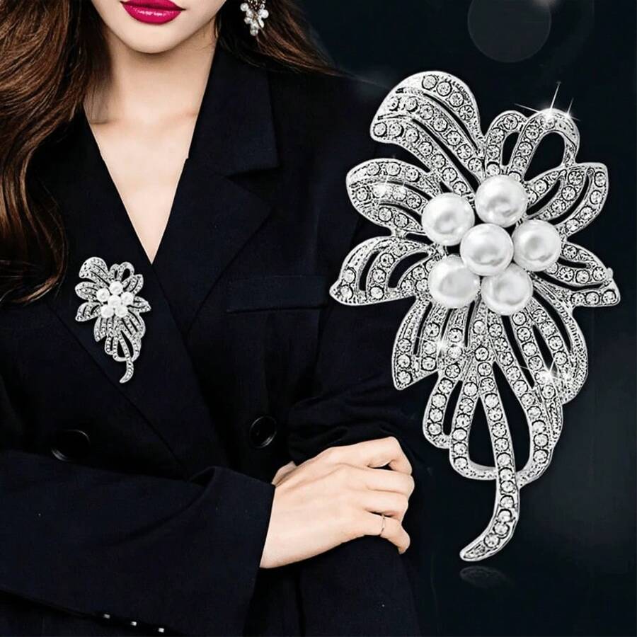 1 Fashionable Pearl Flower-Shaped Rhinestone Brooch Suitable For Women's Daily Wear - White - View 1