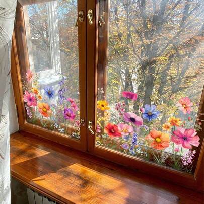 Garden Style Flower Pattern Plastic Window Film Sticker - Self-Adhesive Semi Matte Finish, Dual-Sided, Removable PVC Glass Decorative Sticker, With Colored Flowers And Blue Bells - Disposable Rectangle Shape