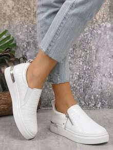 Women's Slip On Loafers With Arch Support & Side Zipper – Casual Fashion Sneakers 8010 - 白鱷魚 - 查看 2