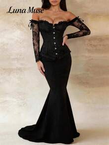 Áo ren trễ vai ôm eo kiểu vintage Lunamus dành cho nữ, áo quây ôm eo kiểu vintage với chi tiết nơ, áo crop top tay dài gợi cảm phong cách Y2K, áo cao cấp thanh lịch, phù hợp cho mặc hàng ngày, dạo phố, dự tiệc, du lịch, hẹn hò, dạo phố, lễ hội, buổi hòa nhạc, Ngày Valentine, Ngày của Mẹ, mùa tốt nghiệp, Coachella, tựu trường, phong cách Gothic, dễ thương. - màu đen - Xem 2