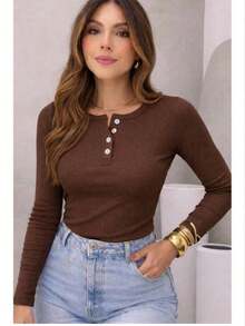 Women's Ribbed Cotton Blouse With Round Neck And Front Button, Long Sleeves, Comfortable. - Rust Brown - View 2