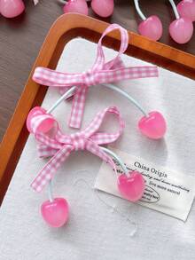 Set de 4/2 piezas de scrunchies a cuadros con cerezas, lazos de cinta para el cabello/pinzas estilo niña, accesorios para el cabello para estudiantes - Adecuado para mujeres y niñas, para uso diario, citas, escuela, fiestas, vacaciones, regalo del Día de la Madre, viajes, cumpleaños - Rosa - Ver 5