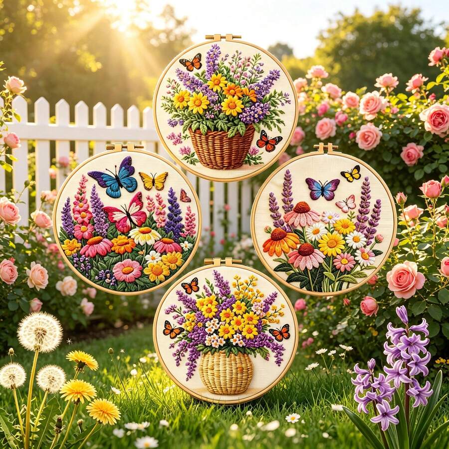 4 Styles Available, Handmade DIY Material Kit, Vintage Healing Handmade Embroidery Decor, Floral & Butterfly Embroidered Paintings, Suitable For Living Room & Bedroom Wall Hanging, Ins Style