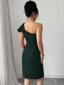 Vestido ajustado con hombro asimétrico sexy para mujer - Verde Oscuro - Ver 2
