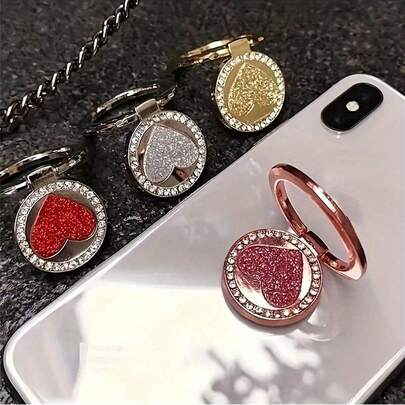 1pc Shiny Heart-Shaped Metal Phone Holder - Shiny Decor, Adjustable Ring, Compatible With Most Phone Cases, Easy Installation - Elegant Phone Accessory For Women