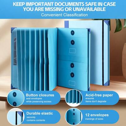 1pc Important Document Storage Box, Personal Loose-Leaf Organizer, Expandable File Folder With Elastic Band, Multi-Pocket Foldable File Organizer With Classification Labels, Portable Paper Storage Bag, Suitable For School, Office, Home