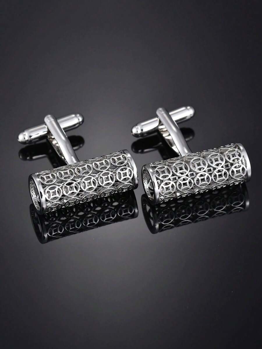 1 đôi khuy măng sét hình trụ rỗng thời trang dành cho nam giới - Bạc - Xem 1