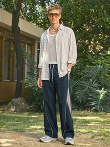 Open Phase Men 1pc Comfortable Elastic Waist Drawstring Casual Straight Loose Wide Leg Pants, Sporty Contrast Color, Fall Spring To Summer Relaxed Fit For Men ,Summer Holiday Outfits , Retro American, Unisex, Relaxed Fit Summer Outfits – Suitable For Everyday Wear And Summer Holiday Outfits. - Navy Blue - View 1