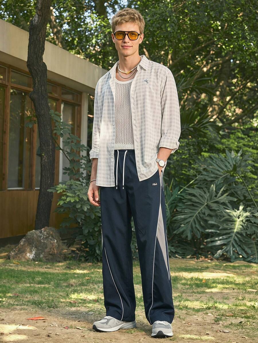Open Phase Men 1pc Comfortable Elastic Waist Drawstring Casual Straight Loose Wide Leg Pants, Sporty Contrast Color, Fall Spring To Summer Relaxed Fit For Men ,Summer Holiday Outfits , Retro American, Unisex, Relaxed Fit Summer Outfits – Suitable For Everyday Wear And Summer Holiday Outfits. - Navy Blue - View 1