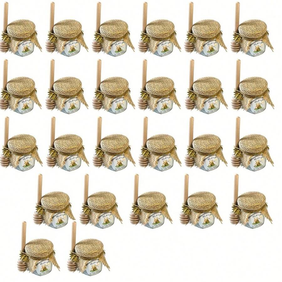 Bộ 30/25/20 hũ mật ong mini hình lục giác 1.5oz, bao gồm que khuấy mật ong, mặt dây chuyền hình ong, dây gai, vải bố, thích hợp làm quà tặng cho tiệc mừng em bé, đám cưới, tiệc tùng. - 25 chiếc - Xem 1