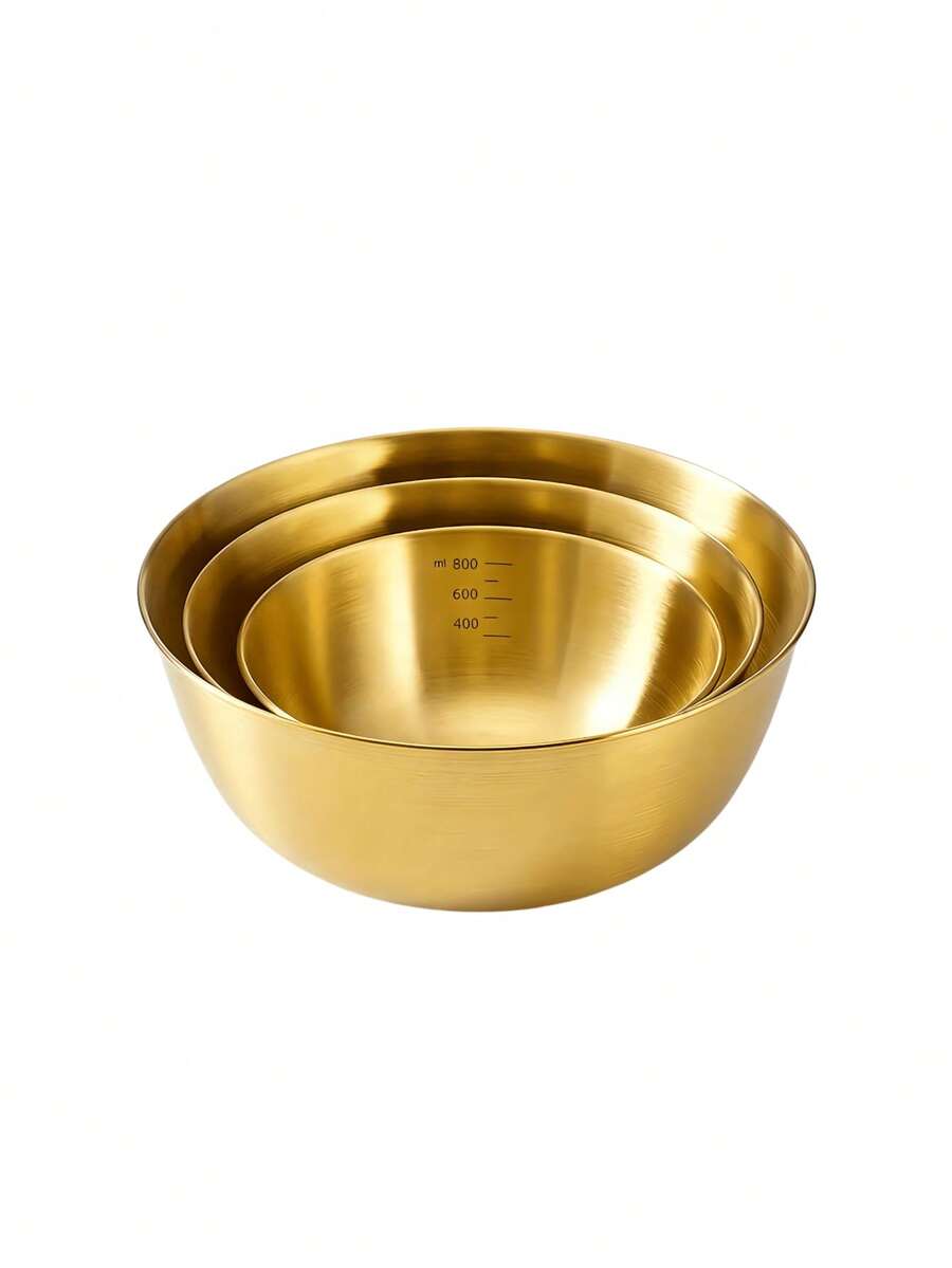 韓式金色不鏽鋼攪拌碗，大容量拌飯盛裝碗，耐用防鏽金屬，光滑拋光表面，適合在廚房中攪拌沙拉、盛裝米飯和醃製食物