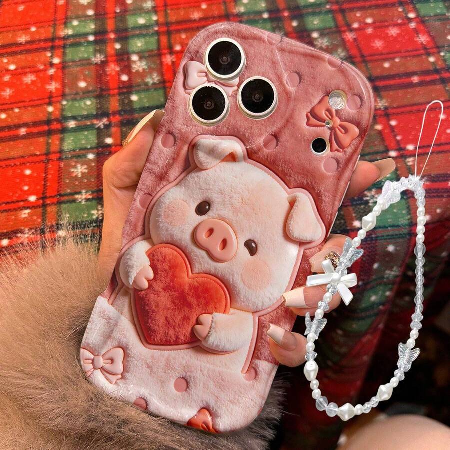 Bộ 2 món (Ốp điện thoại in hình chú heo hồng dễ thương cầm trái tim + Vòng tay nơ đính cườm thủ công), Thiết kế nền chấm bi, In phẳng 2D, Ốp điện thoại giá trị, Chống rơi, Chống trầy xước, Bền bỉ và Thời trang, Chống sốc và Cầm nắm thoải mái - vỏ lòng đỏ sữa - Xem 1