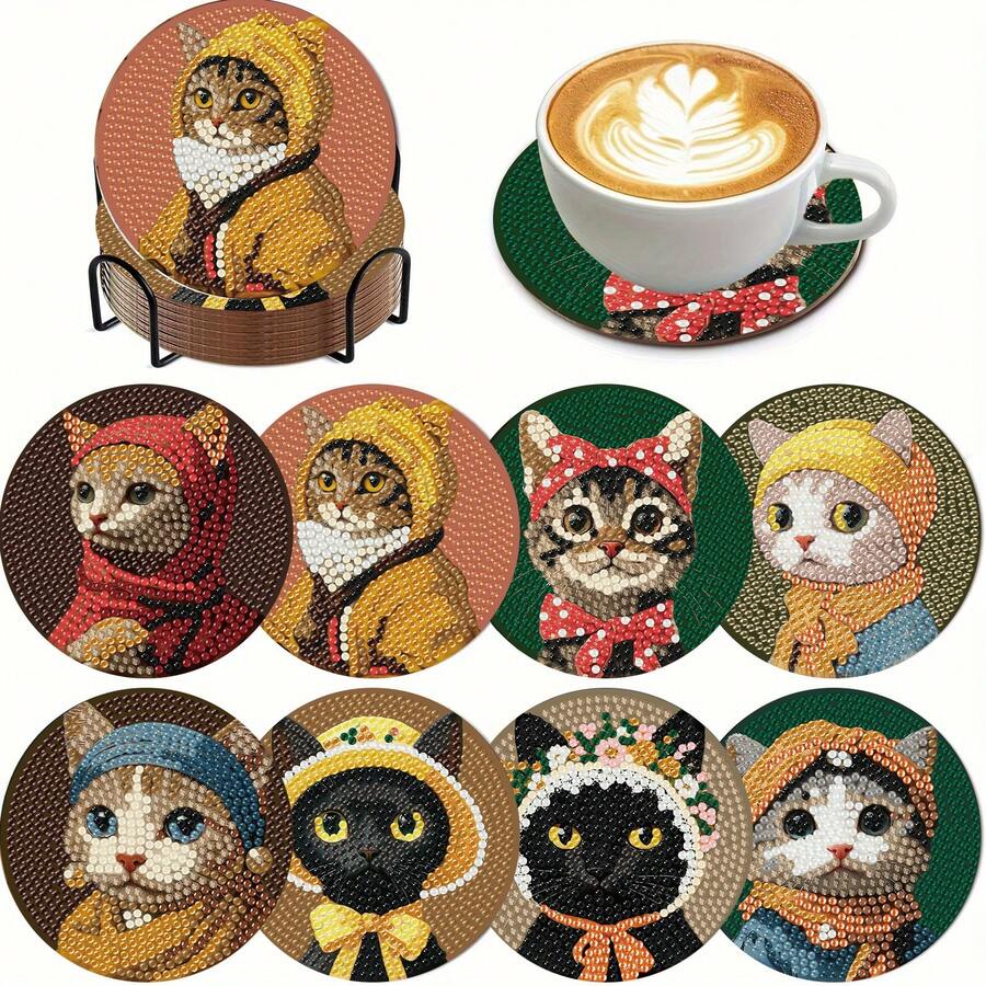 8件套精美小猫DIY钻石画杯垫套装，圆形闪亮钻石表面，强力背胶，工具齐全，适合初学者，减压手工，新年、情人节、圣诞节、教师节礼物，家居装饰杯垫，送给家人、朋友、女朋友、老师
