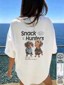 Damen Lässig Dackel Snack Jäger Muster T-Shirt, Kurzarm Rundhals Schulterfall Tee, Süßes lockeres Oberteil für Herbstoutfits, Outdoor, Y2K - Weiss - Übersicht 7