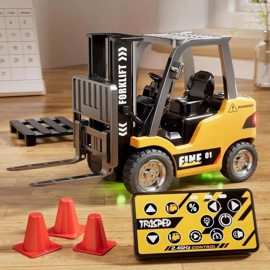 Carretilla elevadora de aleación con Control remoto, modelo de camión volquete de juguete, vehículo de ingeniería, juguete de escritorio, colección de modelos, regalos para niños, coche RC, escala 1/64 - Amarillo - Ver 1