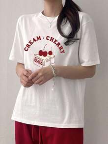 Camiseta casual de mujer para el verano con, manga corta, estampado de letras y cerezas, marca , tarta de miel, tops lindos, camisetas gráficas-Vintage Street Style Unisex Loose Cotton Short Sleeve Crew Neck T-Shirt Ropa deportiva estilo Y2K, cuello redondo, 100% algodón, tejido suave, manga corta. 1 camiseta - Blanco - Ver 6