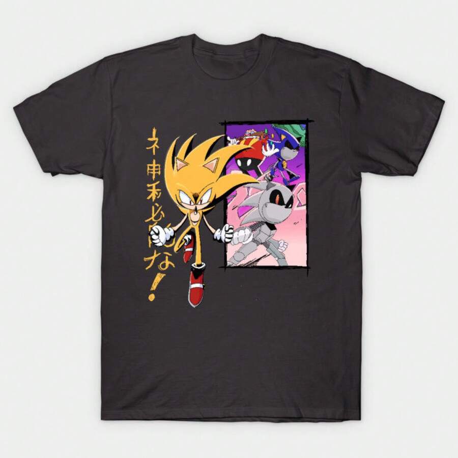 T-shirt décontracté à manches courtes 100 % coton, style rétro Tails, imprimé de personnages Tails sur fond noir. Unisexe, décontracté, style années 2000, idéal pour les soirées. Le cadeau parfait. - Noir - Voir 1