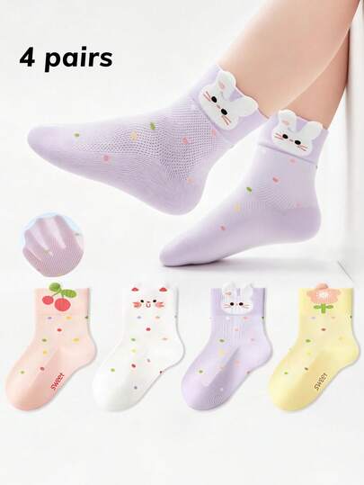 4 Pairs Spring/Summer Thin Kids Socks, 2-16 Years Old, Cute Colorful Polka Dot Cartoon Animal Baby Mid-Calf Socks, Breathable Girls Socks