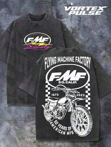 Summer Tops2026 Summer TopsDistressed And Washed Short-Sleeved T-Shirt Double-Sided Print Racing Motorcycle 50 Years American Mfg Vintage Logo Graphic - 亮橙色 - 查看 2
