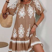 LUNE Women's Summer Vacation Allover Print Ruffle Hem Puff Sleeve Dress - Multicolor - Ver 6