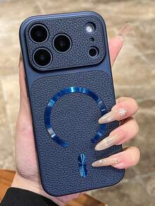 Funda de teléfono de lujo con textura de cuero de lichi y patrón de CD, carga inalámbrica magnética, compatible con iPhone 17 Pro Max, 17 Pro, 16 Pro Max, 15 Pro Max, 14 Pro, 13, 12, protección de lente mate y cubierta protectora anti-caídas - Azul oscuro - Ver 4