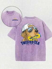 Vintage Washed Dog Graphic T‑Shirt, Retro Sunglasses Dog Print Crew Neck Short Sleeve Casual Fall Streetwear Oversized Tee For Women - 紫羅蘭色 - 查看 5