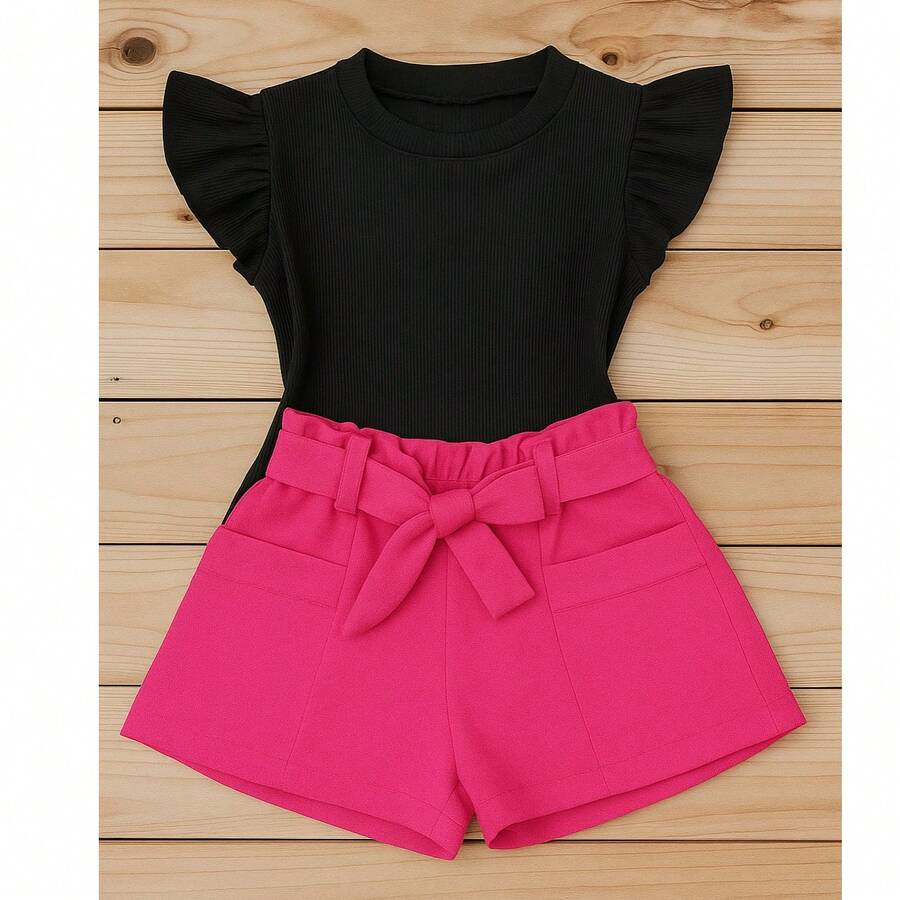 Children's And Teen Set: Cropped Blouse With Ruffles And Ribbed Detail + Linen Clochard Shorts. 2-Piece Set For Girls And Teenagers CJI033 - 粉紅色和黑色 - 查看 1