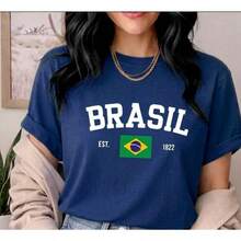 Women's Brazil T-Shirt, 100% Cotton, Casual, World Cup National Team Print With BRAZIL FLAG - 藏蓝色 - 查看 2