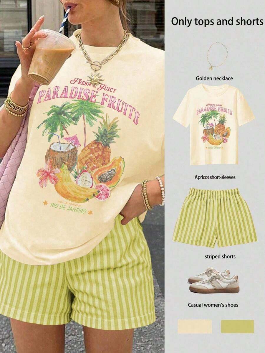 Conjunto casual de 2 piezas de camiseta de manga corta con estampado de eslogan y shorts a rayas para mujer - Amarillo 2 - Ver 1