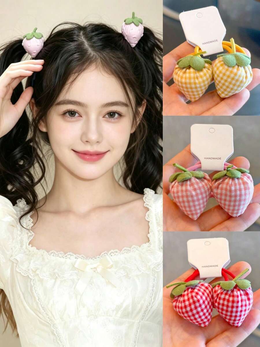 2 chiếc dây buộc tóc hình dâu tây kẻ caro đỏ dành cho thiếu nữ, dây buộc tóc bằng vải co giãn thủ công dễ thương, phụ kiện tóc thời trang - Nhiều màu - Xem 1