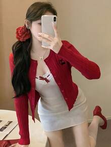 Áo khoác cardigan dệt kim ôm dáng màu đỏ, mẫu mới về, áo len mỏng dáng suông gợi cảm, đa năng dành cho nữ. - Đỏ - Xem 2