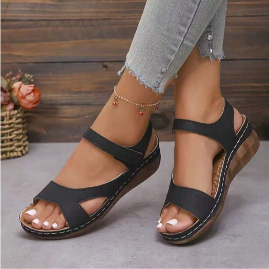Women's Corrective Wedge Sandals - Open Toe, Adjustable Straps, Lightweight And Breathable. Summer Must-Have: Women's Wedge Sandals With Arch Support For All-Day Comfort. Perfect For Beach Vacations. - 黑色 - 查看 1