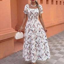 Women's Spring/Summer Square Neck Pleated Short Sleeve Ruffle Hem Maxi Dress, Featuring Small Ditsy Floral, Suitable For Casual Daily Life, Work, Travel, Beach, Bohemian, Western, Music Festival, Countryside Style - Multicolor - Ver 4